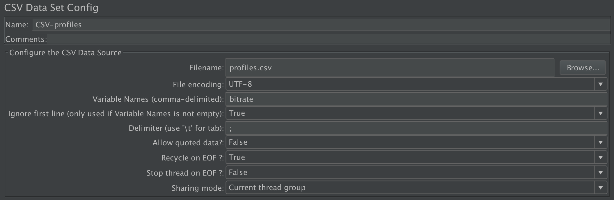 bitrate CSV Data Set configuration