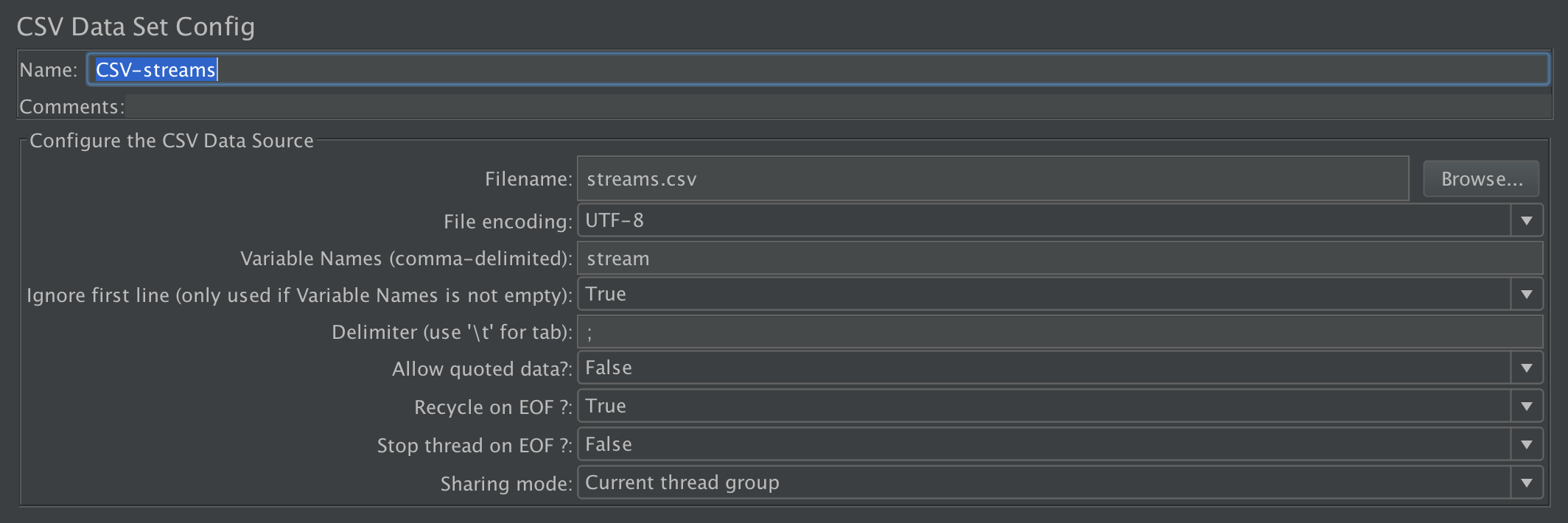 Stream CSV Data Set configuration
